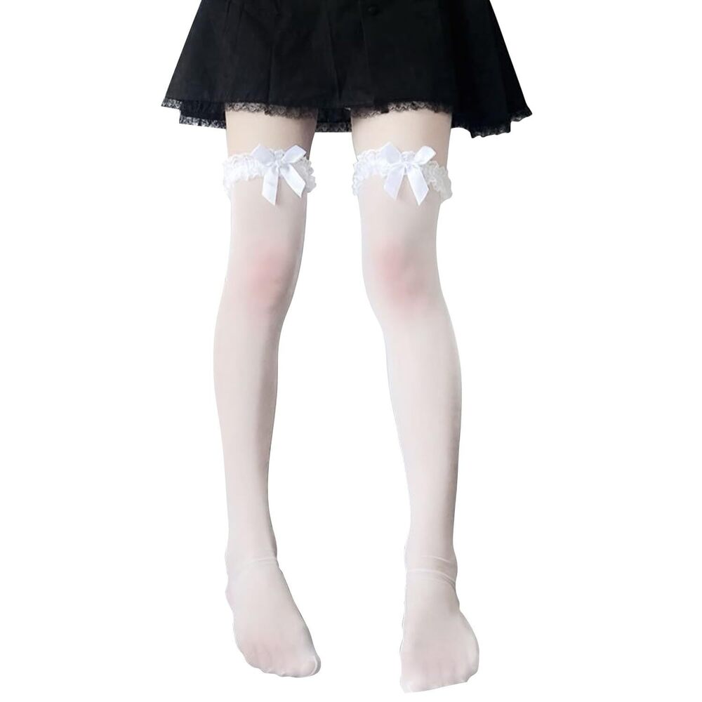 8266 Thigh High Stockings with Bow, Sheer Socks with Lace Brim Tights